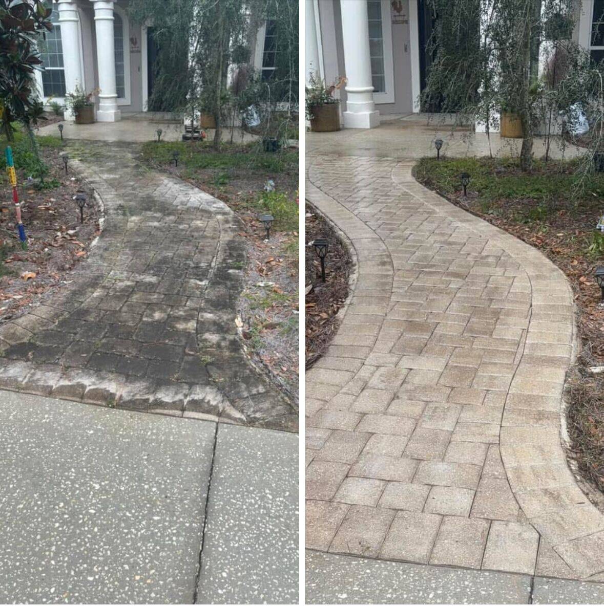 Paver walkway cleaning — before and after