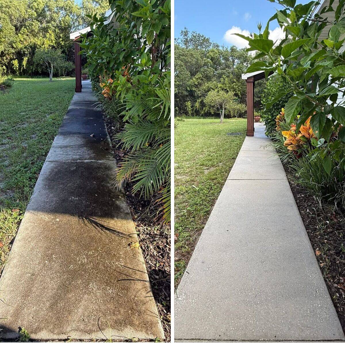 Sidewalk pressure washing before and after in Groveland, FL
